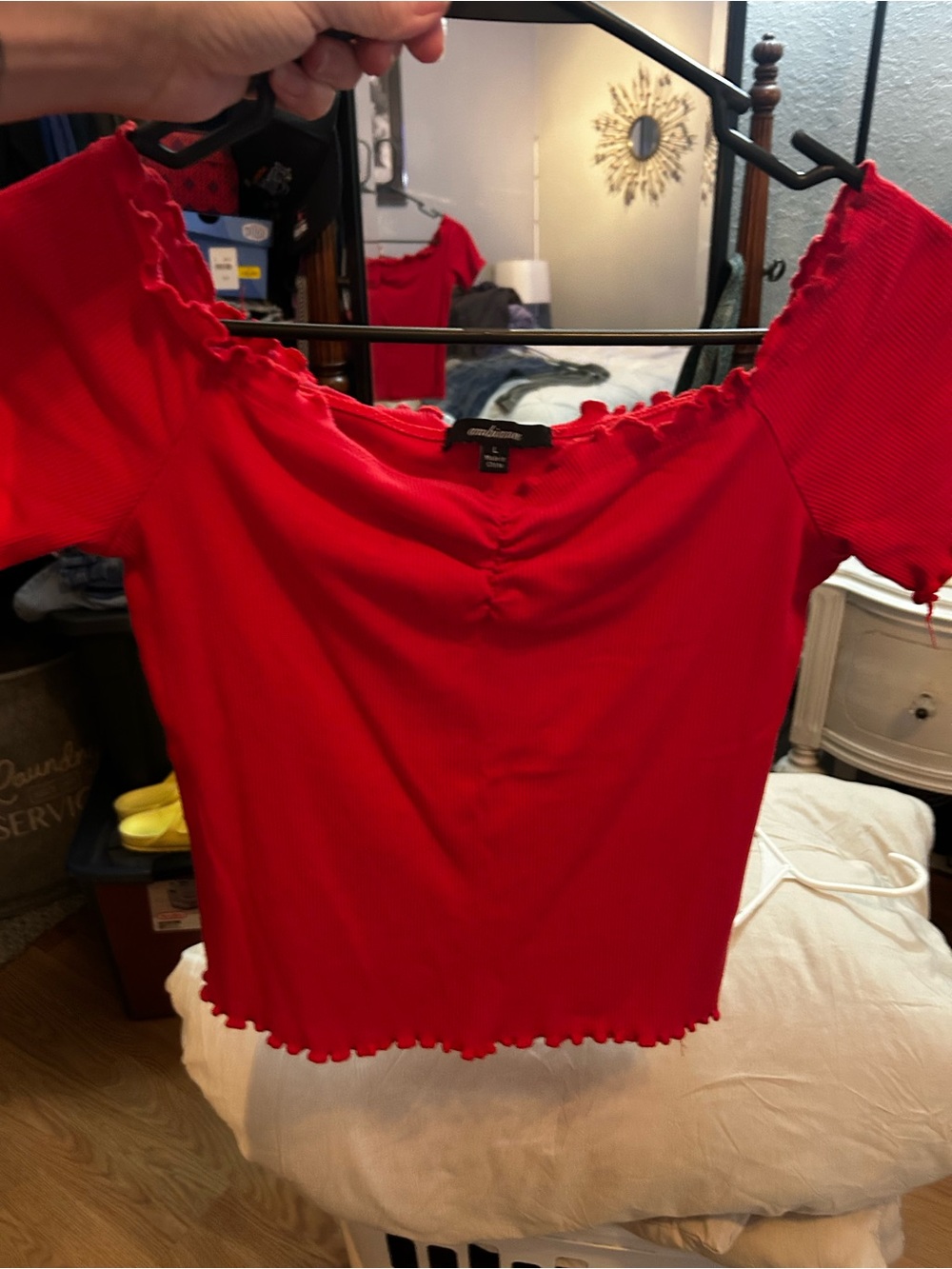 Ambiance Red Ribbed Scoop Crop Top with Lettuce Hem